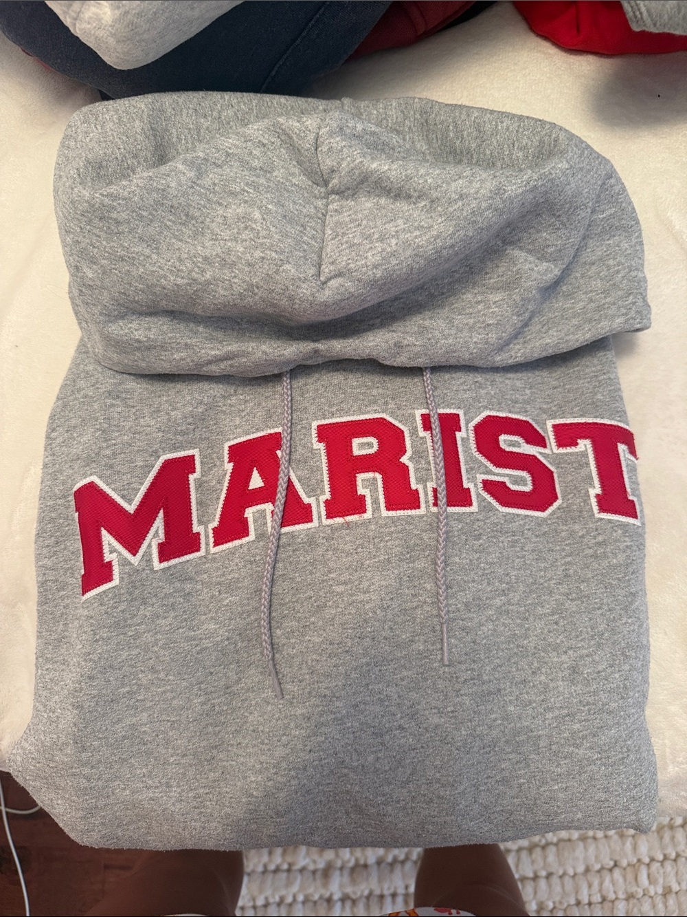 Champion Gray Hoodie with Red Marist Lettering